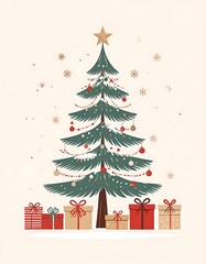 Fototapeta premium A decorated Christmas tree with presents and stars on cream background