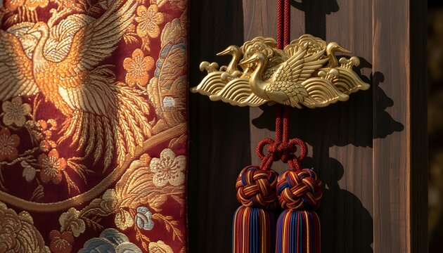 Elaborate Gion Matsuri float decorations with golden crane and red tassels on wood for Japanese Cultural Heritage Concept, showcasing intricate Kyoto craftsmanship