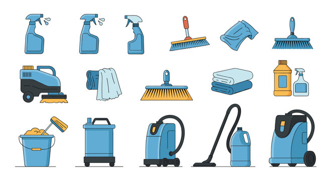 Wide variety of household cleaning icons including vacuum cleaners, mops, brooms, buckets, sprays, and sponges in blue tones.