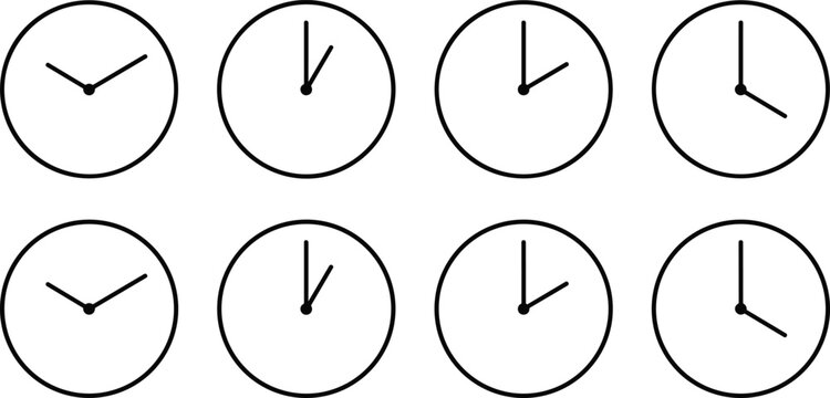 Minimalist vector illustration of multiple analog clock faces showing different times in a clean grid layout for time management and scheduling concepts