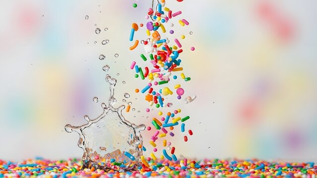 Sprinkles fall into a splash of water creating a colorful dynamic display against a light background.