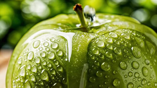 Fresh green apple with water droplets and pouring stream.
