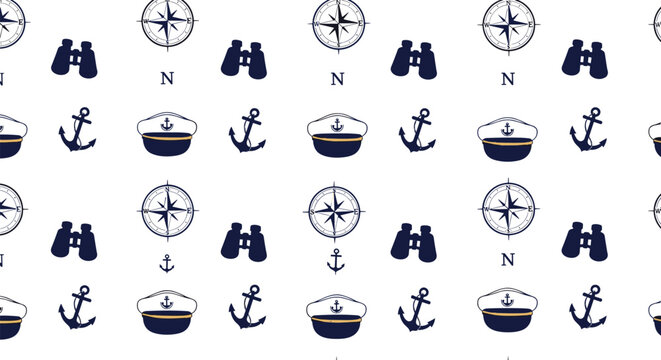 Seamless maritime pattern featuring repeating blue icons of anchors, binoculars, captain hats, and compasses on a white background.