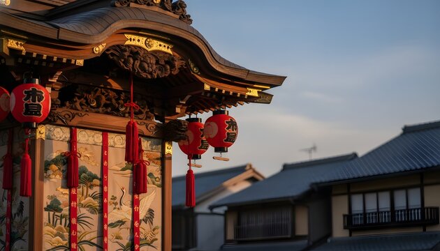 Traditional Gion Matsuri festival float with decorated ornate carvings and red lanterns against city rooftops for Japanese heritage and cultural tourism concept