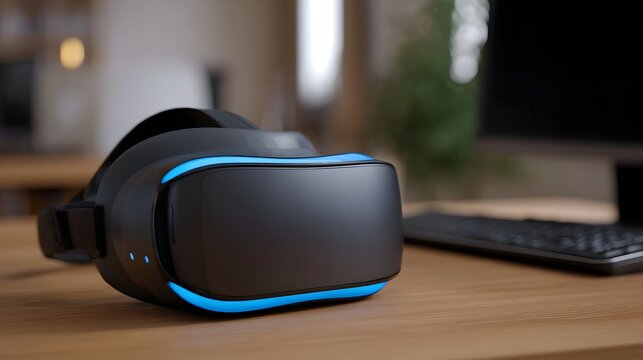 A virtual reality headset placed on a wooden desk symbolizing modern immersive technology and digital workspace concepts