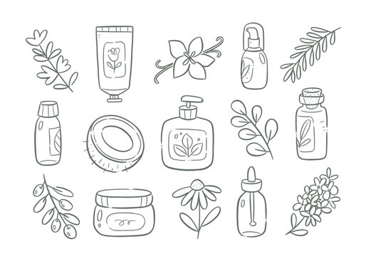 Collection of 15 natural cosmetics icons featuring different types of jars and bottles for creams, essential oils, soaps, and more, as well as plants commonly used in the production of these products.