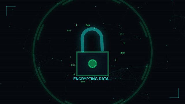Digital padlock animation on HUD interface for system decryption and data encryption processes