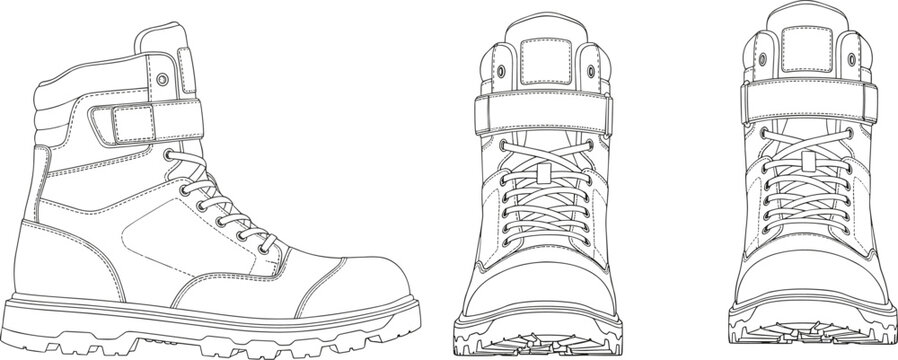 Line drawing of tactical military combat boots front side and top views black and white footwear outline high quality professional detailed modern elegant