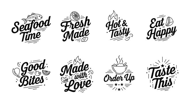 Collection of food lettering designs decorative typography for restaurants black ink on white background high quality professional detailed modern elegant stylish clean crisp