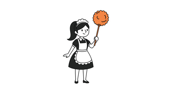 Professional female maid character in traditional black and white uniform holding an orange feather duster for cleaning services.