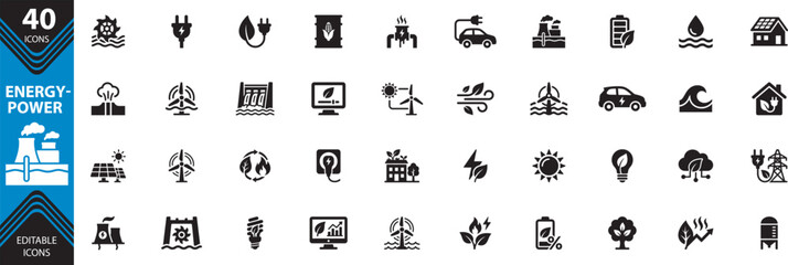 Obraz premium Energy and power icons set editable vector graphics for renewable energy sustainability and electricity concepts. solar, geothermal, electricity, production editable icons and vectors.