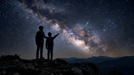 Fototapeta premium Silhouette of a man with a telescope and a star in the dark night sky over a mountain landscape with the moon and space stars