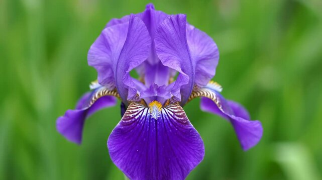 A vibrant close-up of a purple iris flower with intricate details on green background