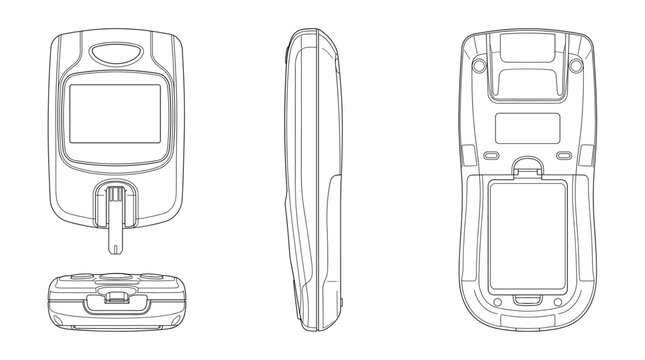 Hemoglobin meter technical drawing blueprint with front side back and top views CAD line art vector illustration