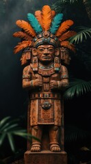 Obraz premium Carved Aztec statue with feathered headdress stands in jungle. Intricate details on wooden sculpture show ancient culture. Multi faced figure wears traditional Mesoamerican regalia.