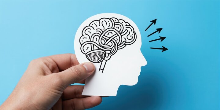 Hand holds paper head profile with brain illustration. Arrows point away from head suggesting mental overload stress or neurological signals. Medical research concept.