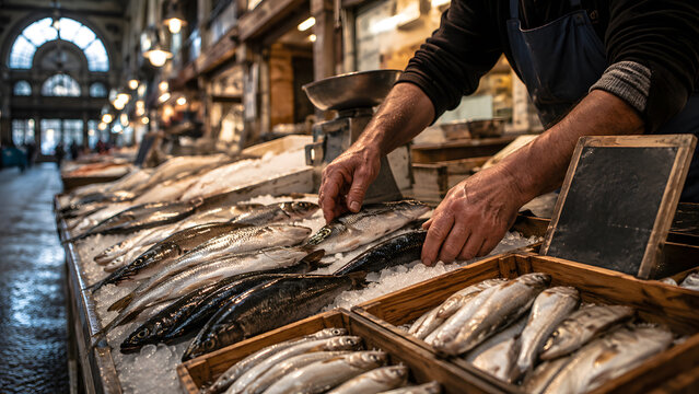 Generic German fish market stall in the early morning with crushed ice trays full of fresh whole fish in wooden crates, with fishmonger's hands arranging the catch in cool morning light.