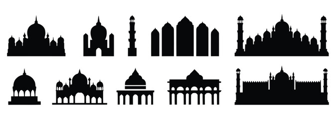 Fototapeta premium Silhouette of diverse architectural landmarks and religious buildings at dusk