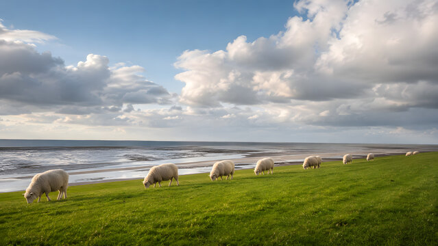 Flock of white sheep grazing peacefully on a green grassy German North Sea dyke Nordseedeich, with endless tidal flat Wattenmeer landscape and dramatic cumulus sky in soft late afternoon light.