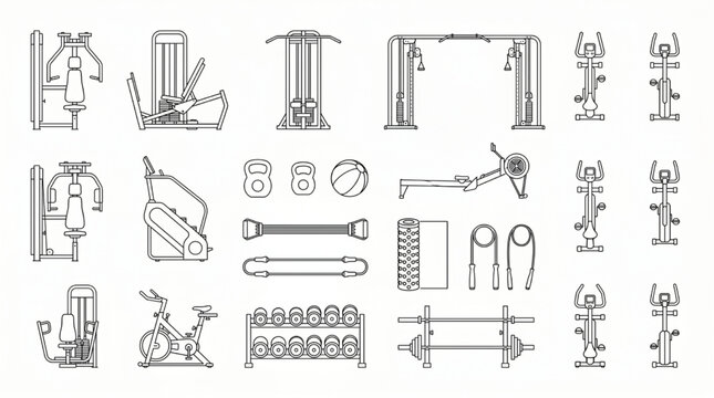 Architectural Gym Layout Elements - Plan View Treadmills Weights and Yoga Mats
