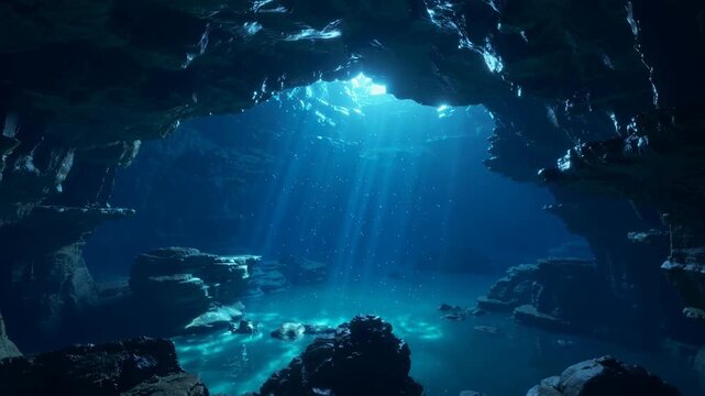Sunbeams illuminating a tranquil underwater cave with rock formations and clear blue water