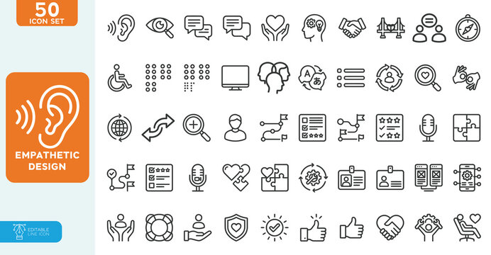 Empathetic Vector illustration Design Line Editable Icons set. Vector illustration in modern thin style of creativity-related icons: innovation, brainstorming, imagination, and more.