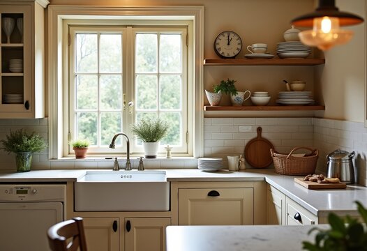 French provincial kitchen interior, soft beige tones, antique dishes, romantic light