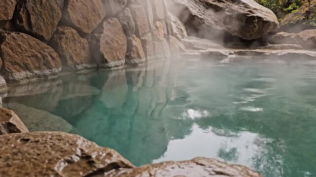 Steaming outdoor hot spring pool surrounded by natural rocks