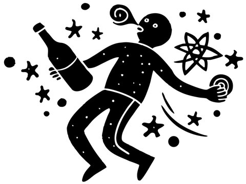 Drunk Person Stick Figure Silhouette Holding Bottle with Dizzy Swirl Symbols Isolated on White Background