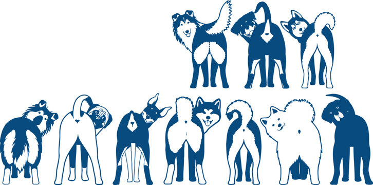 Illustration of Various Dog Breeds from the Back