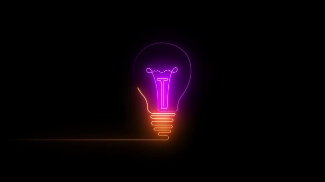 Glowing light bulb symbol animation. Energy idea, Electric neon bulb icon and black background. Neon line light future bulb icon animation concept on black background. 