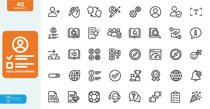 User Onboarding Vector illustration Line Editable Icons set. in modern thin style of user orientation elements: account setup, login, tutorial, and more. Isolated on a white backgr
