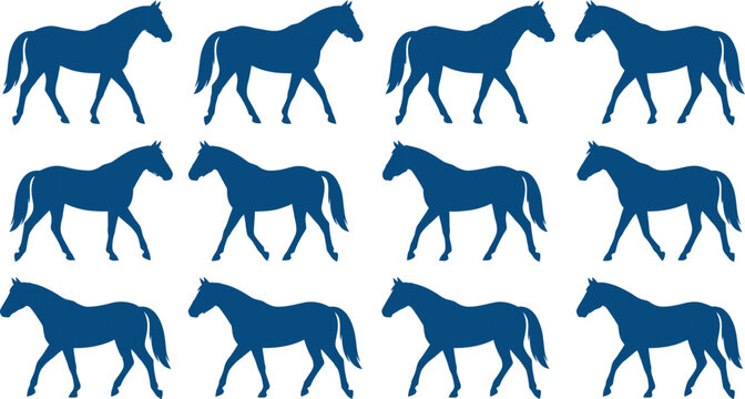 Row of Stylized Horses in Blue Color