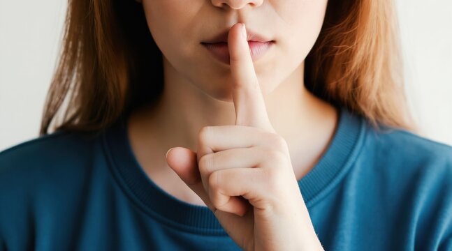 Young girl puts finger to lips asking for quiet. Woman gesture shh for silence. Teenager kepic secret, tells no words. Person wants peace, quietness.