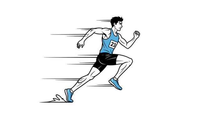 A male sprinter athlete running at high speed in a professional track race illustration.