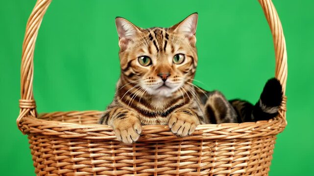 Adorable Bengal Cat Portrait in Wicker Basket - A charming Bengal cat with distinctive patterned fur and bright green eyes is comfortably settled inside a woven wicker basket.
