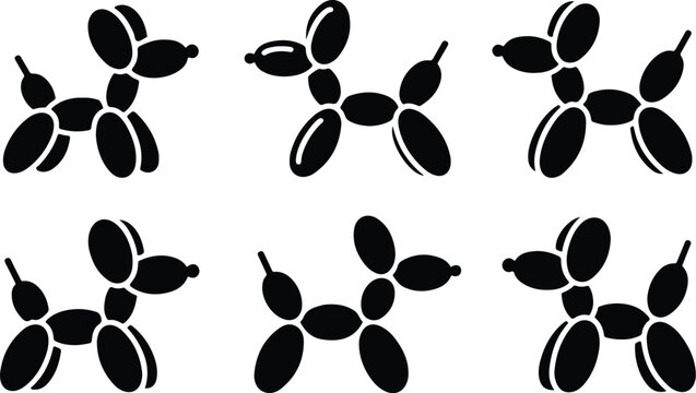 Collection of hand drawn balloon dog and dog icons with bone icon, balloon anima