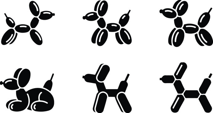Collection of hand drawn balloon dog and dog icons with bone icon, balloon anima