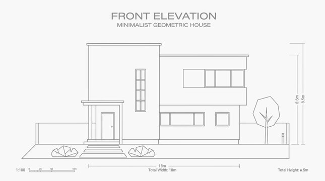 Front Elevation Architectural Drawing of a Minimalist Geometric House with Dimensions in Bright Studio