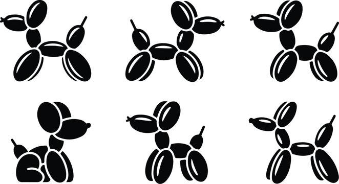 Collection of hand drawn balloon dog and dog icons with bone icon, balloon anima
