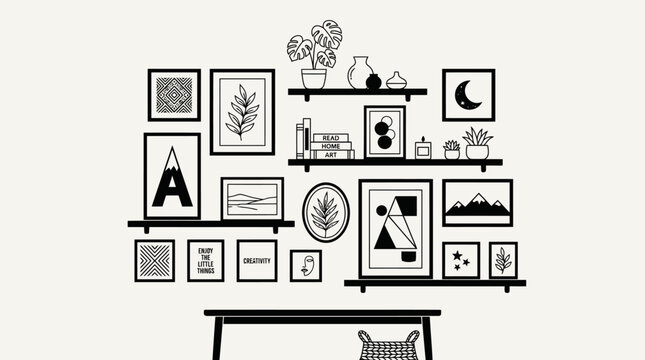 Creative Gallery Wall and Shelf Decor with Art Frames and Potted Plants in an Interior Setting