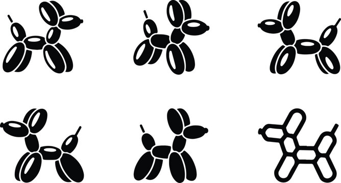 Collection of hand drawn balloon dog and dog icons with bone icon, balloon anima