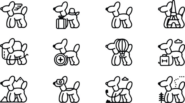 Collection of hand drawn balloon dog and dog icons with bone icon, balloon anima