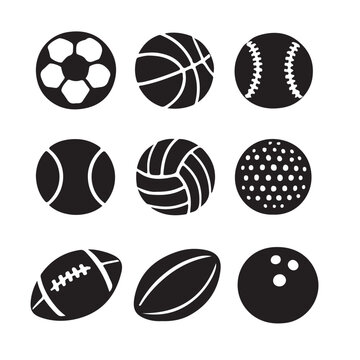 Silhouette vector icon set of sports Balls featuring football, bally ball, ragby, gulf, soccer