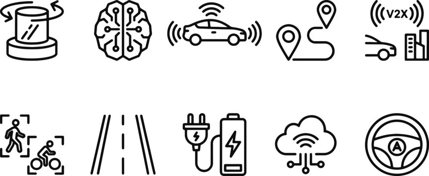 Set of black line icons for vehicle connectivity and technology