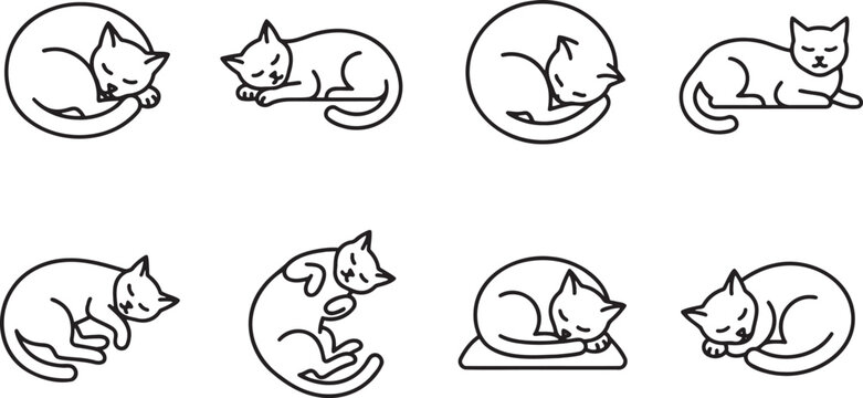 Sleeping cats in different curled up and relaxed resting positions