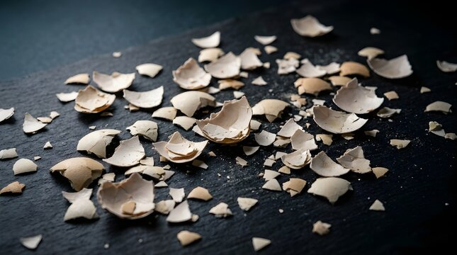 Broken eggshell pieces scattered on dark surface