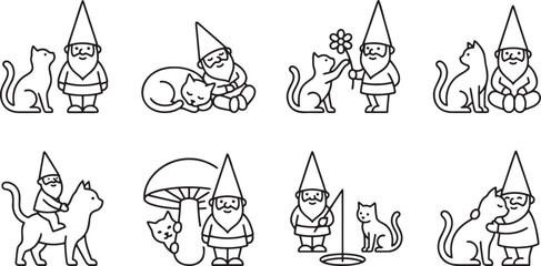 Naklejka premium Friendly cat playing and interacting with a garden gnome statue