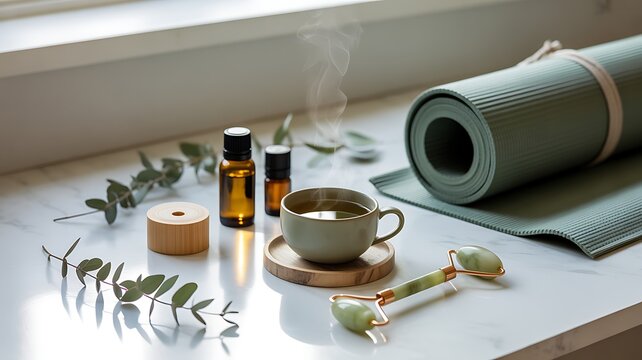 yoga mat cup tea essential oils and jade roller on white marble surface by window