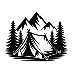 Obraz premium Black and white illustration of a camping tent pitched between pine trees with jagged mountains in the background
